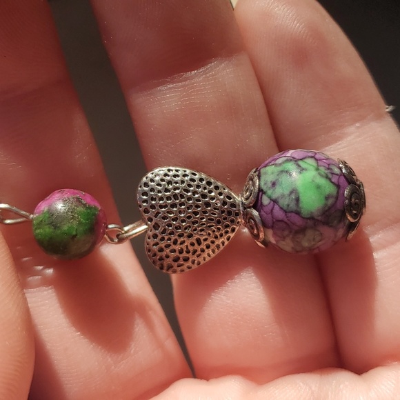 New Rainbow Jasper & Ruby In Fuchsite Ball Silver Heart Pendant. - Picture 3 of 12